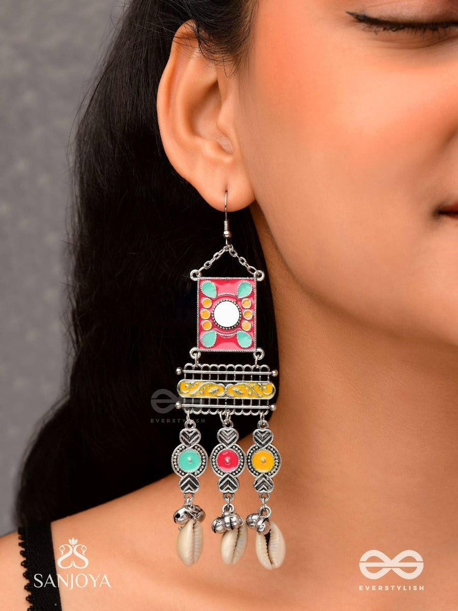 Singhasanamukta- Throne Gem- Oxidized Enamelled Earrings In Multicolour Motifs With Ghunghroo's And Cowrie Shells