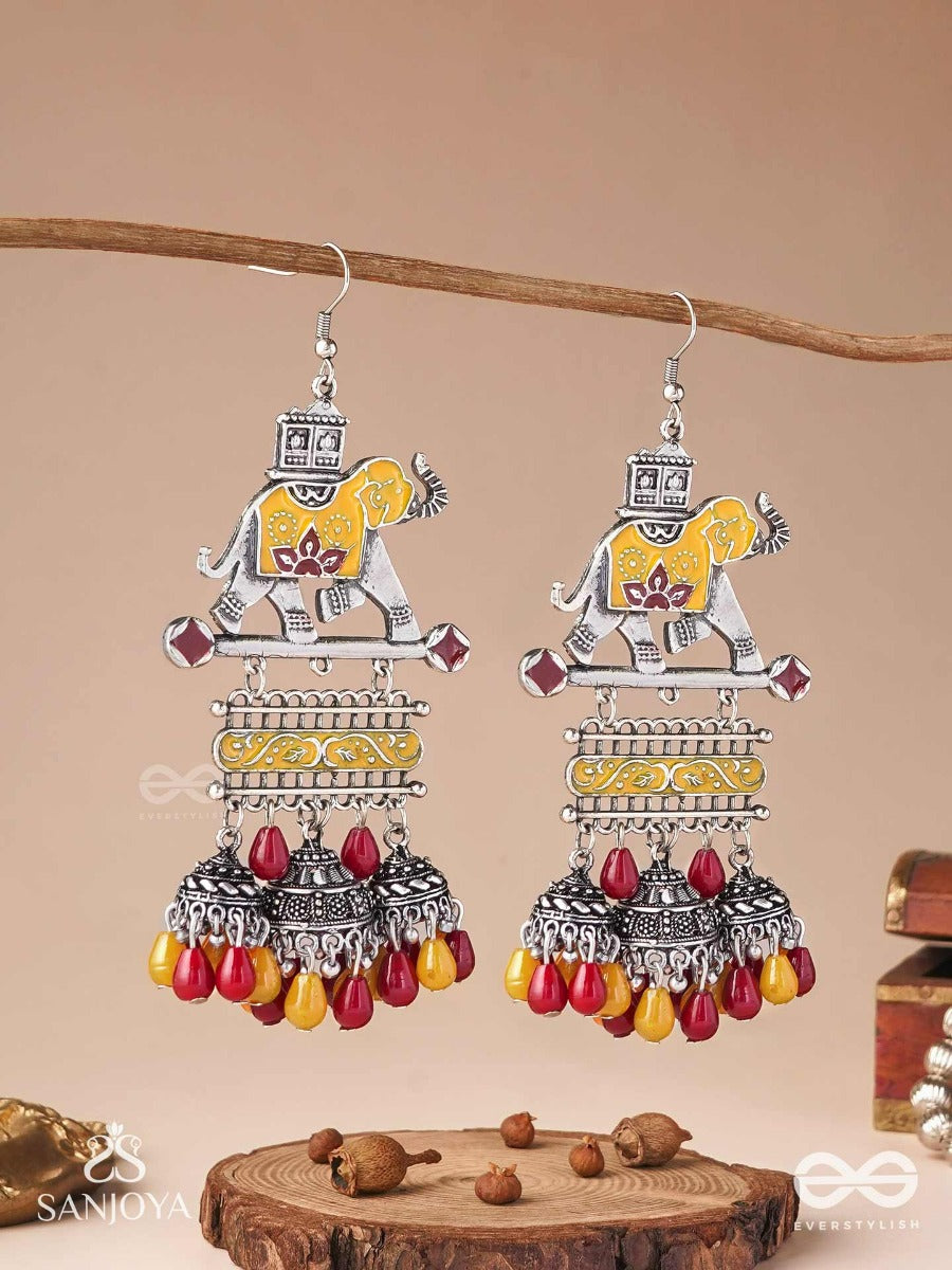 Sampurnamani-Complete Jewel- Elephant Motif Earrings Enamelled With Silver-Toned Metal, Featuring Jhumka And Stone Embellishments