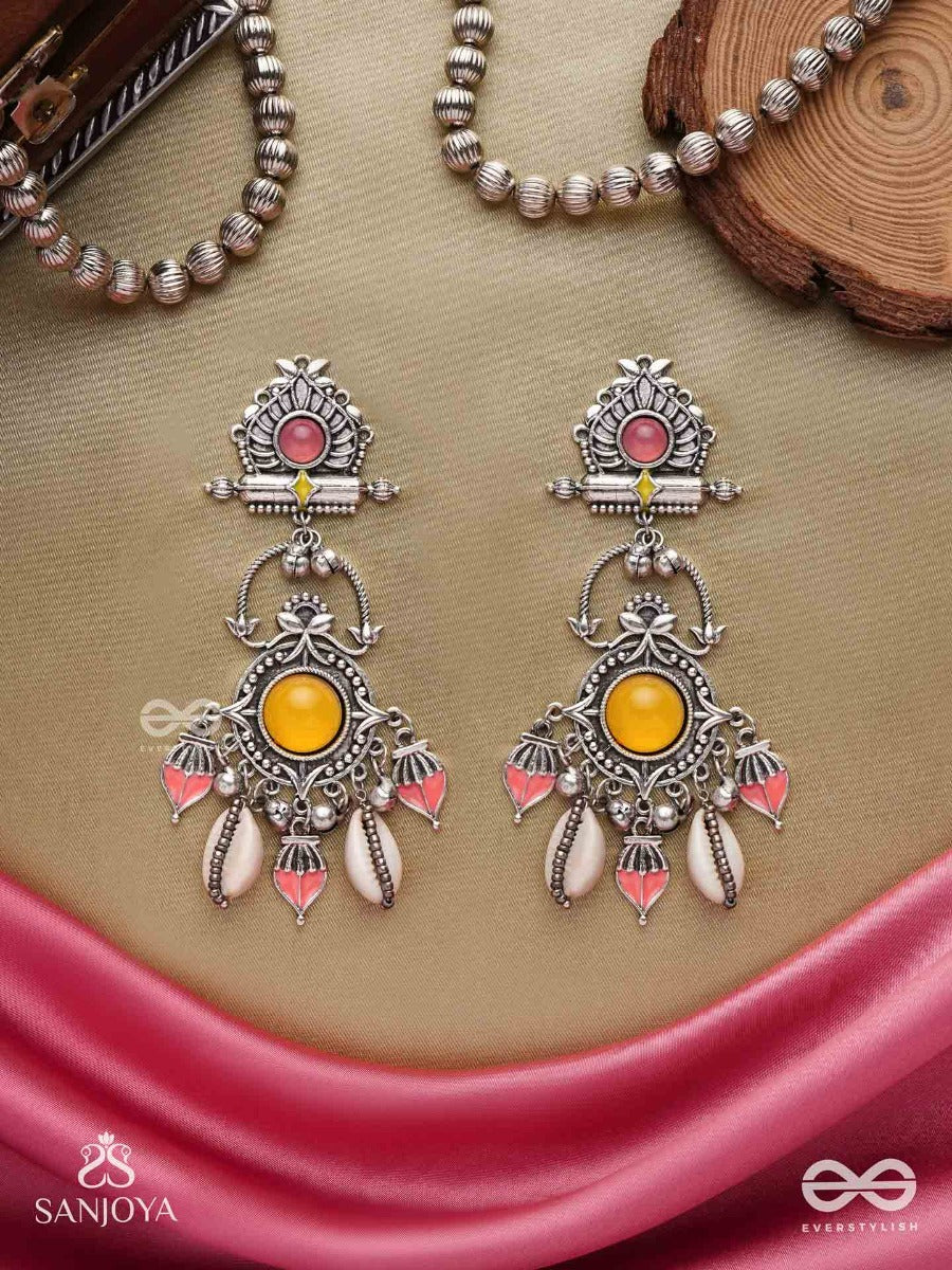 Suryaratna-Sun Gem-Silver-Toned Earrings Accented With Dangling Cowrie Shells And Ghunghroo's