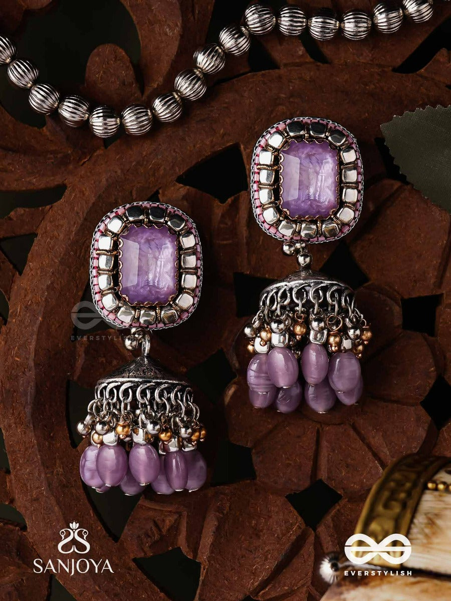 Amritamanjari-Nectar Cluster- Embroidered Lavendar Jhumka Earrings Adorned With Stones And Beads