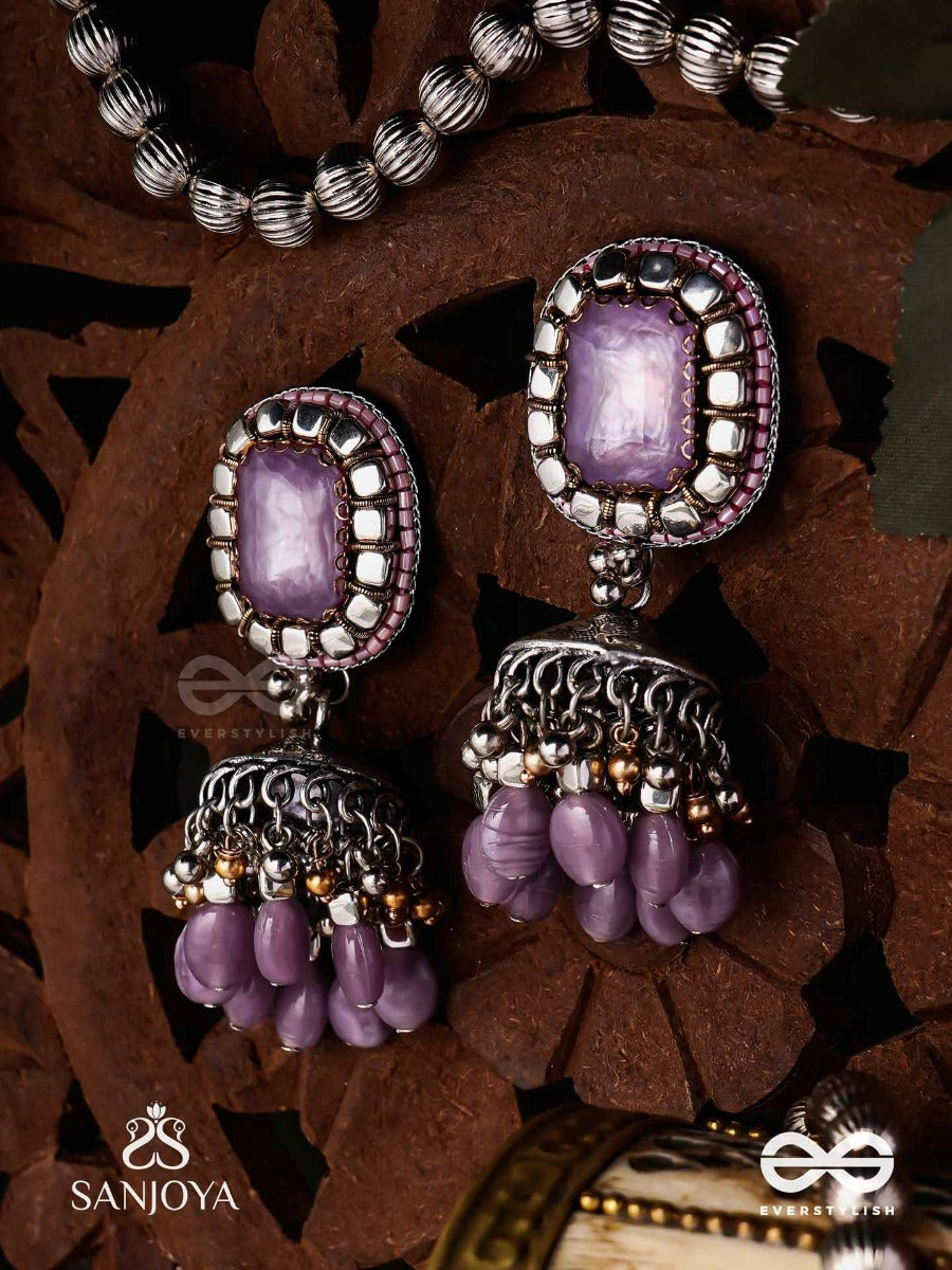 Amritamanjari-Nectar Cluster- Embroidered Lavendar Jhumka Earrings Adorned With Stones And Beads