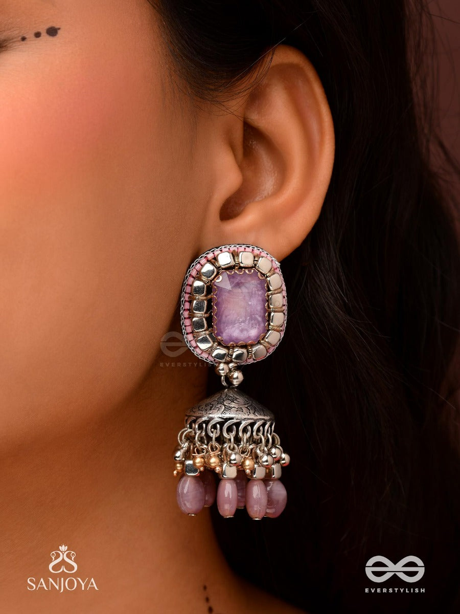Amritamanjari-Nectar Cluster- Embroidered Lavendar Jhumka Earrings Adorned With Stones And Beads