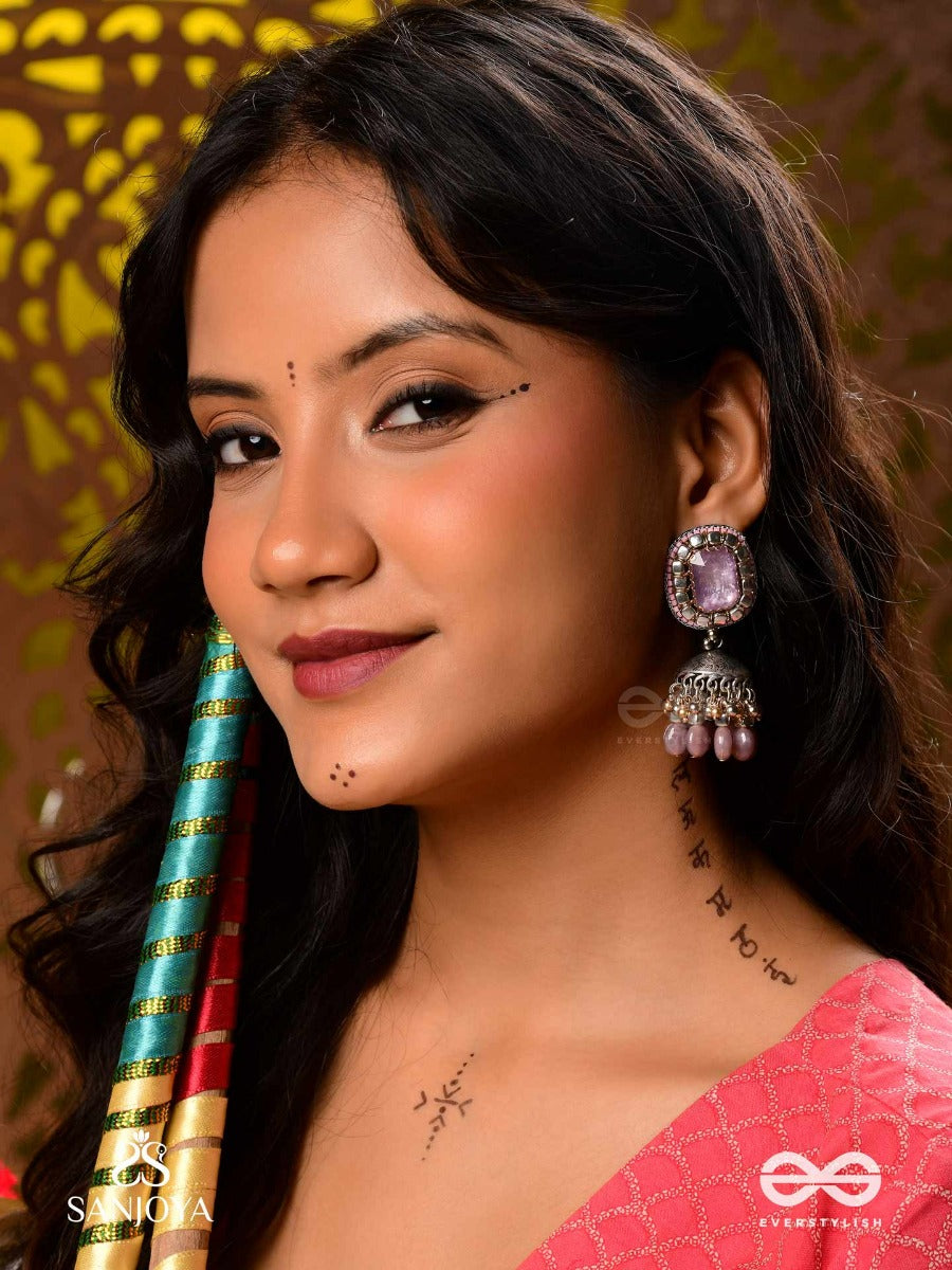 Amritamanjari-Nectar Cluster- Embroidered Lavendar Jhumka Earrings Adorned With Stones And Beads