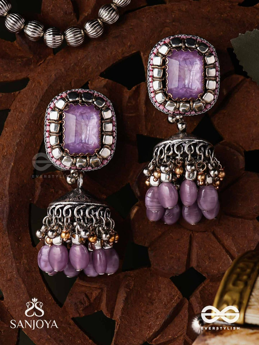 Amritamanjari-Nectar Cluster- Embroidered Lavendar Jhumka Earrings Adorned With Stones And Beads
