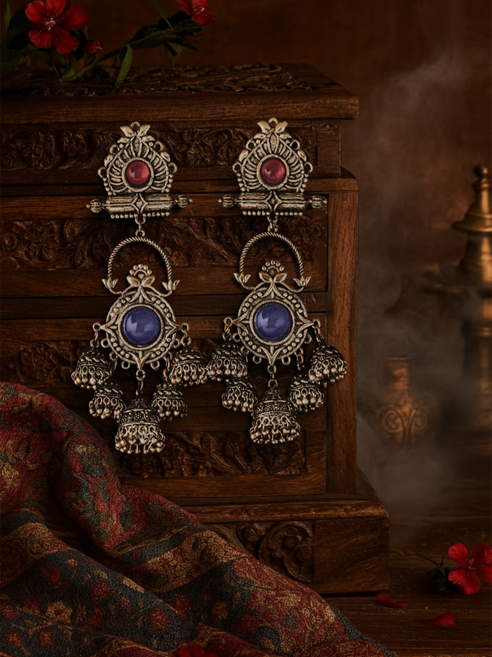 Neeladhara-Blue Stream-Oxidized Earrings Complemented By Stones, Beads And Dangling Jhumkas