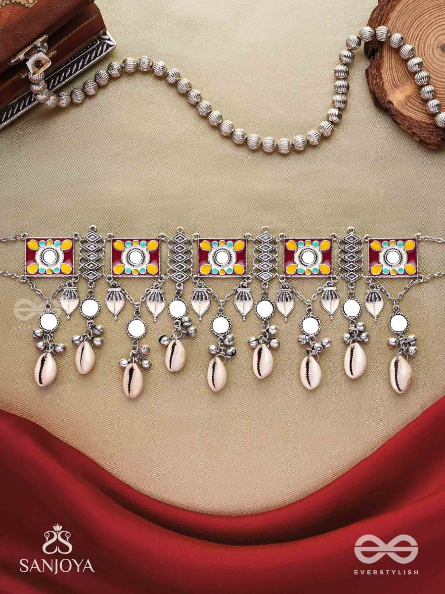 Sangrahitavarna- Collected Hues- Enamelled Oxidized Choker Neckpiece In Pastel Hues With Cowrie Shells, Ghungroos And Mirrorwork