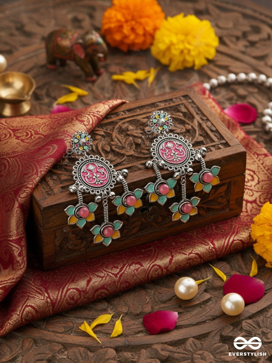 Shahipushp- Royal Blossom- Enamelled Earrings With Multi Coloured Stones Set In Silver Toned Metal