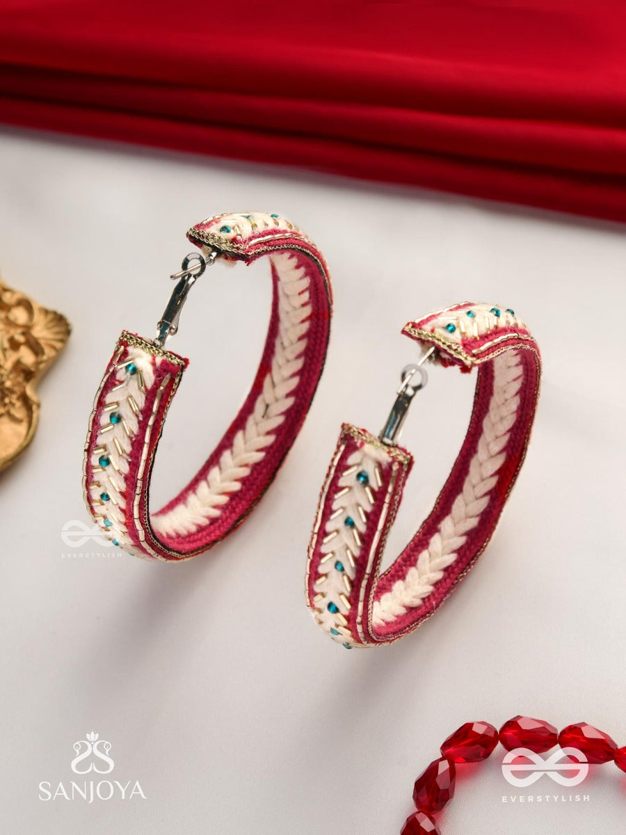 Vasantiruchi- Spring Charm- Embroidered Earrings With Red And White Threads, Decorated With Beads And Gold Accents