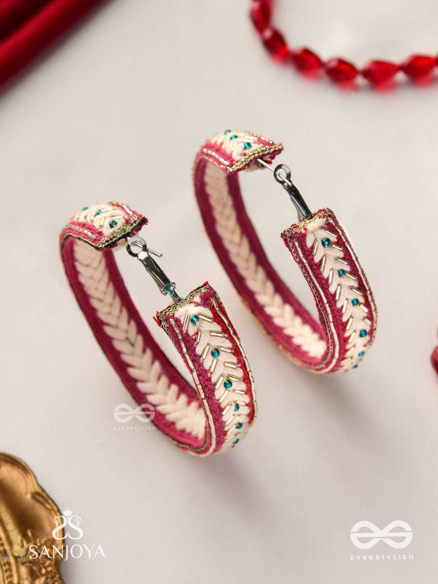 Vasantiruchi- Spring Charm- Embroidered Earrings With Red And White Threads, Decorated With Beads And Gold Accents
