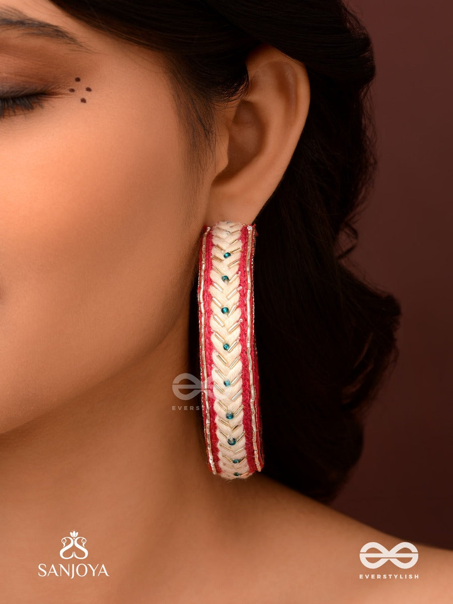 Vasantiruchi- Spring Charm- Embroidered Earrings With Red And White Threads, Decorated With Beads And Gold Accents