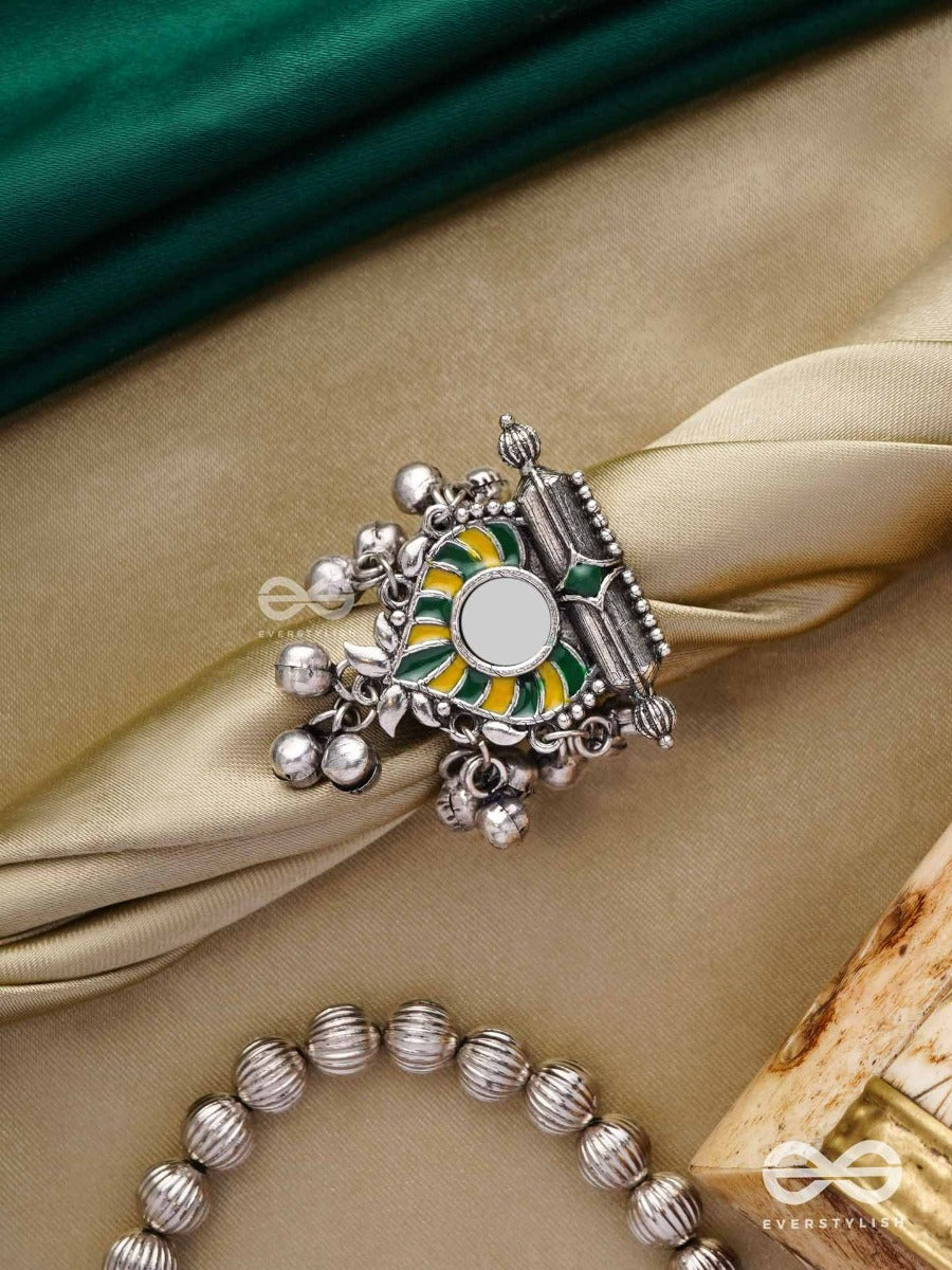 Moss Canopy- Enamelled Oxidized Adjustable Ring With Ghungroos And Mirror.