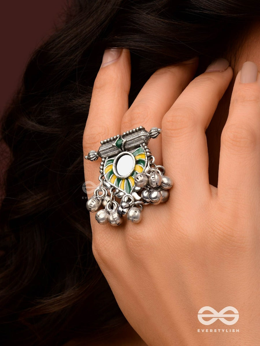 Moss Canopy- Enamelled Oxidized Adjustable Ring With Ghungroos And Mirror.