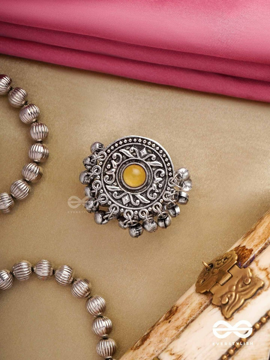 Pitamani-Yellow Jewel- Oxidized Adjustable Ring In Golden Hues With Ghunghroo's.