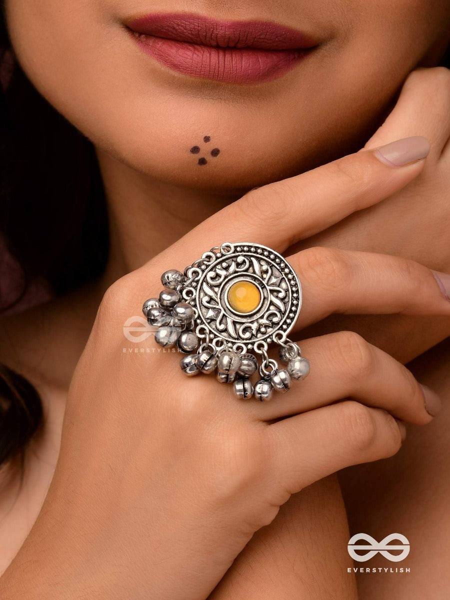 Pitamani-Yellow Jewel- Oxidized Adjustable Ring In Golden Hues With Ghunghroo's.