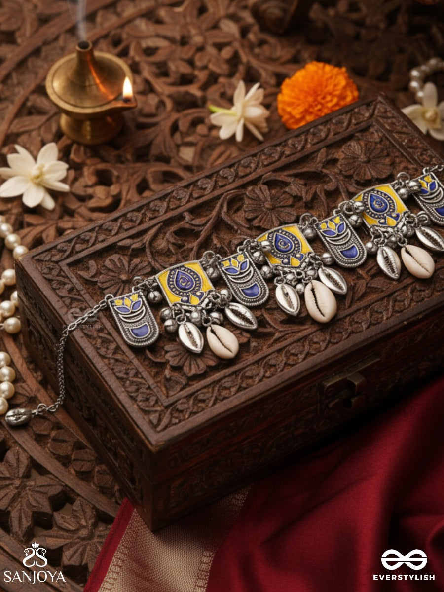Shankhariti-Conch Elegance- Enamelled Choker Neckpiece With Pastel Motifs With Cowrie Shells And Ghunghroo
