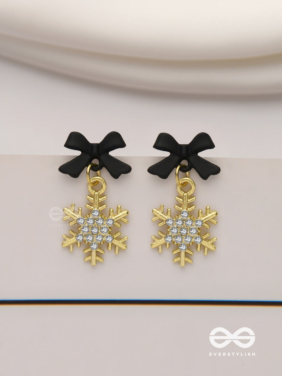 Nocturnal Snowcharms- Dangling Earrings With Black Velvety Bows And Golden Stars