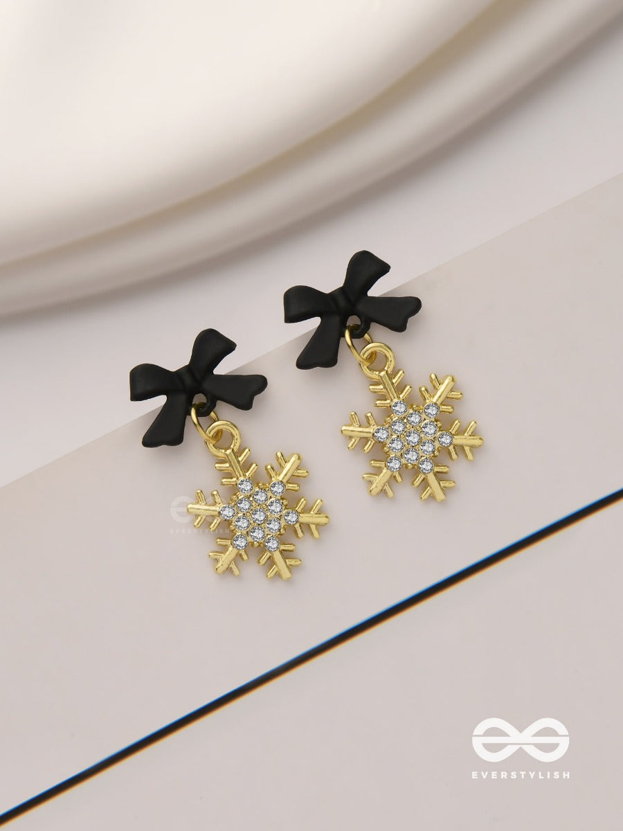 Nocturnal Snowcharms- Dangling Earrings With Black Velvety Bows And Golden Stars