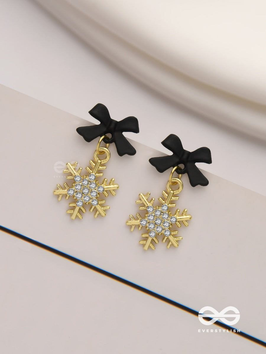 Nocturnal Snowcharms- Dangling Earrings With Black Velvety Bows And Golden Stars