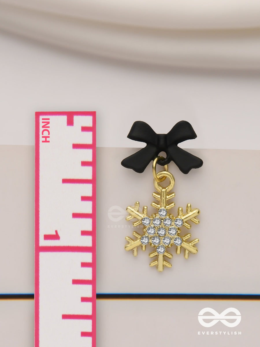 Nocturnal Snowcharms- Dangling Earrings With Black Velvety Bows And Golden Stars