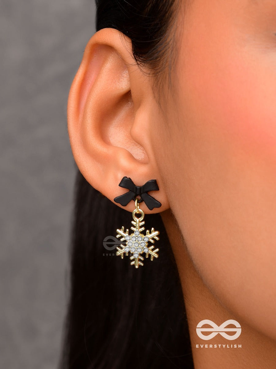 Nocturnal Snowcharms- Dangling Earrings With Black Velvety Bows And Golden Stars