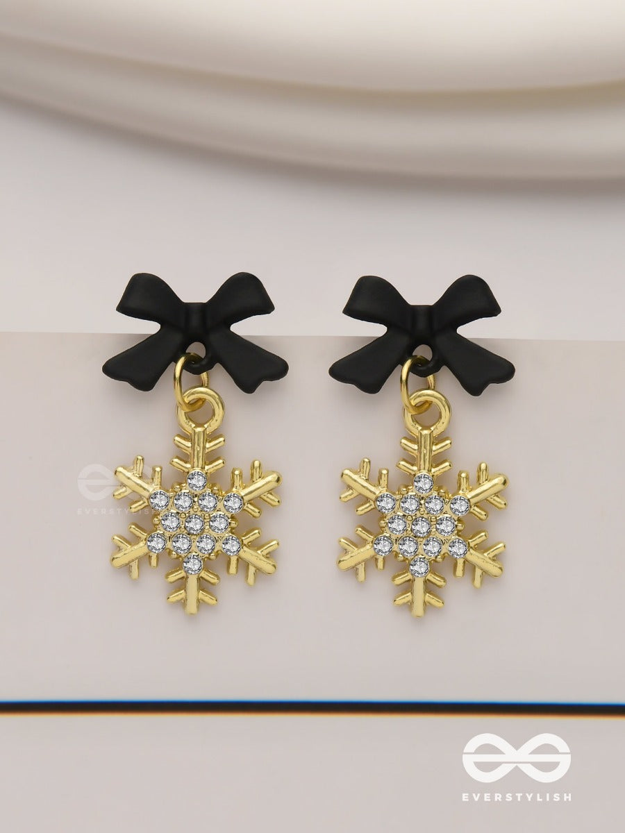 Nocturnal Snowcharms- Dangling Earrings With Black Velvety Bows And Golden Stars