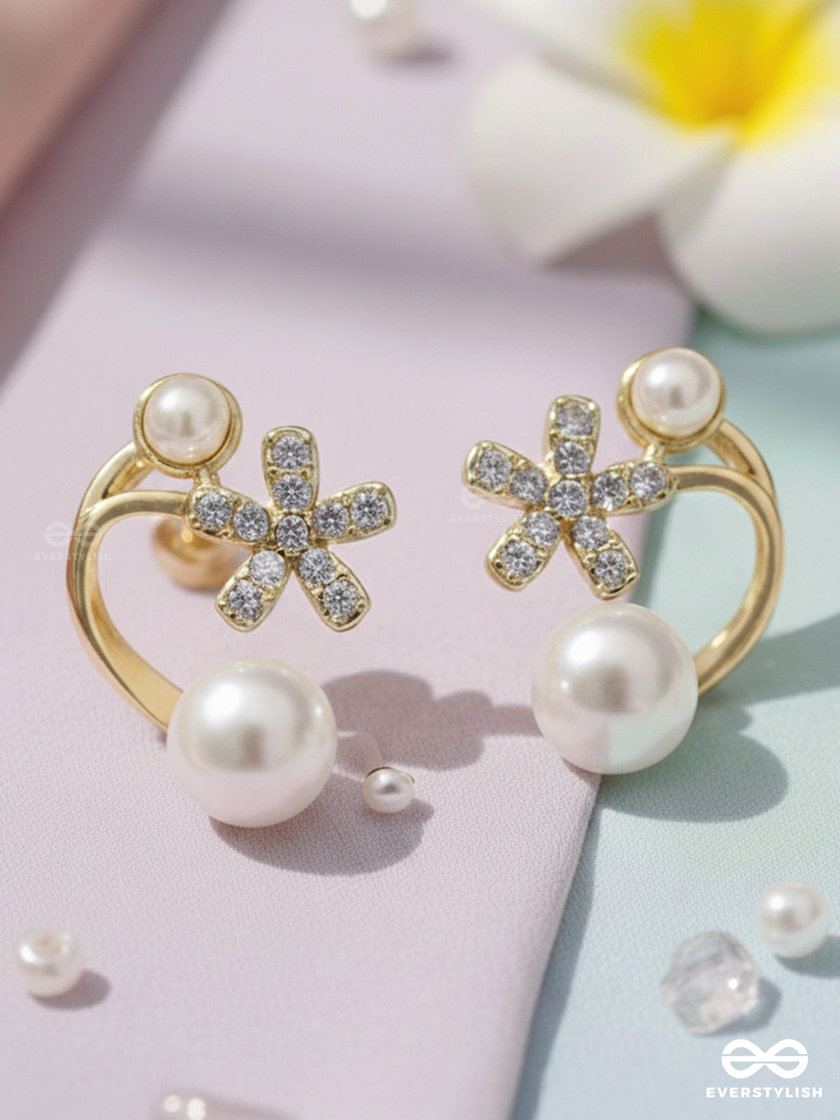 Golden Crescent- Pearl Studs' Golden Floral Pattern