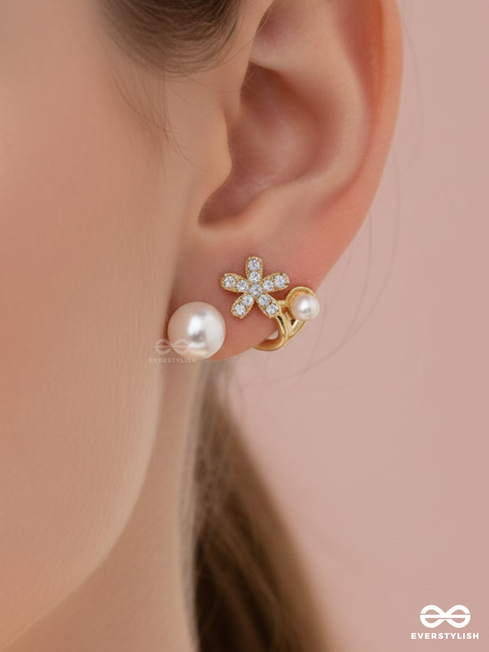 Golden Crescent- Pearl Studs' Golden Floral Pattern