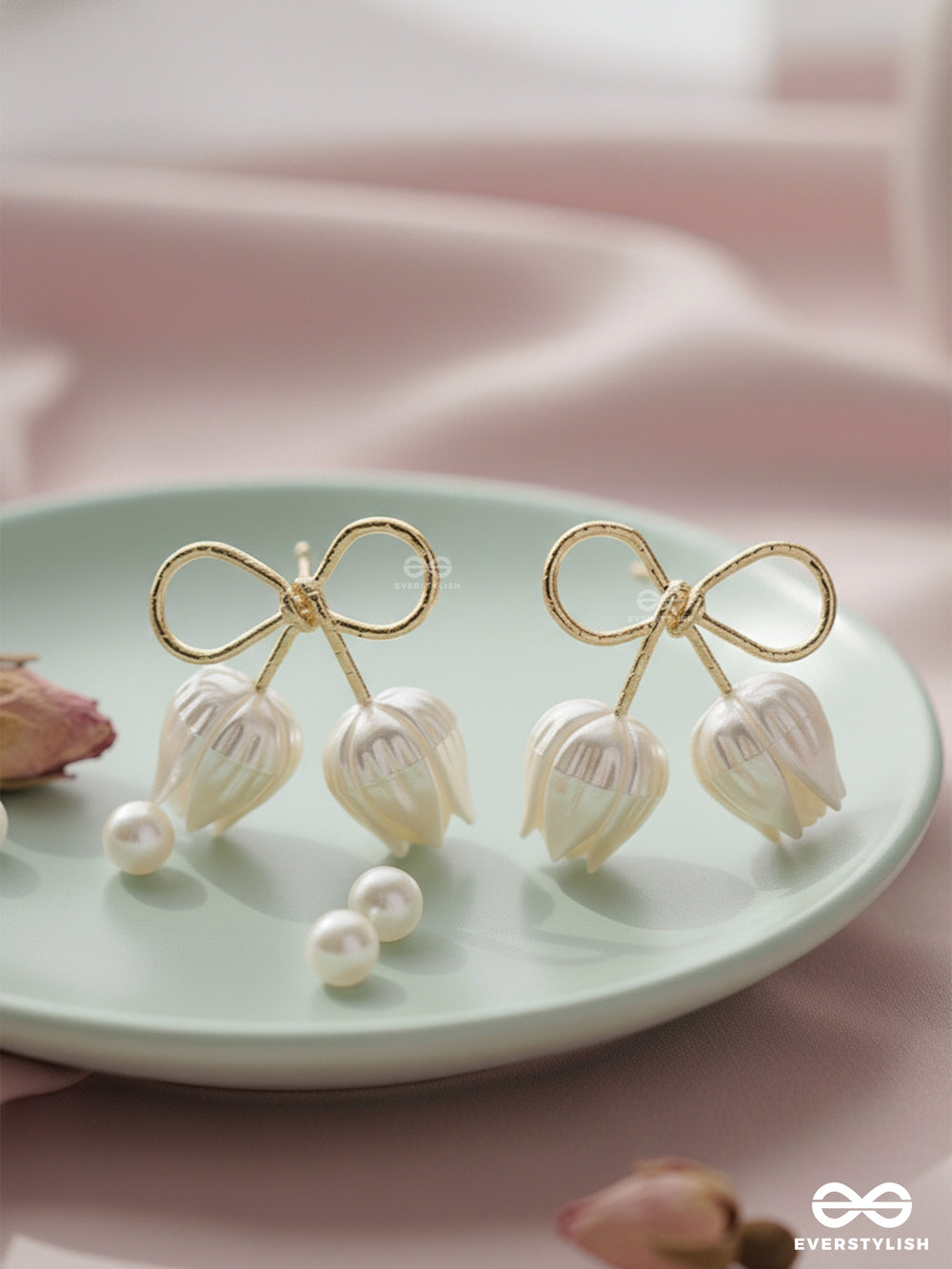 Golden Infinity- Golden Studs With White Pearl Roses
