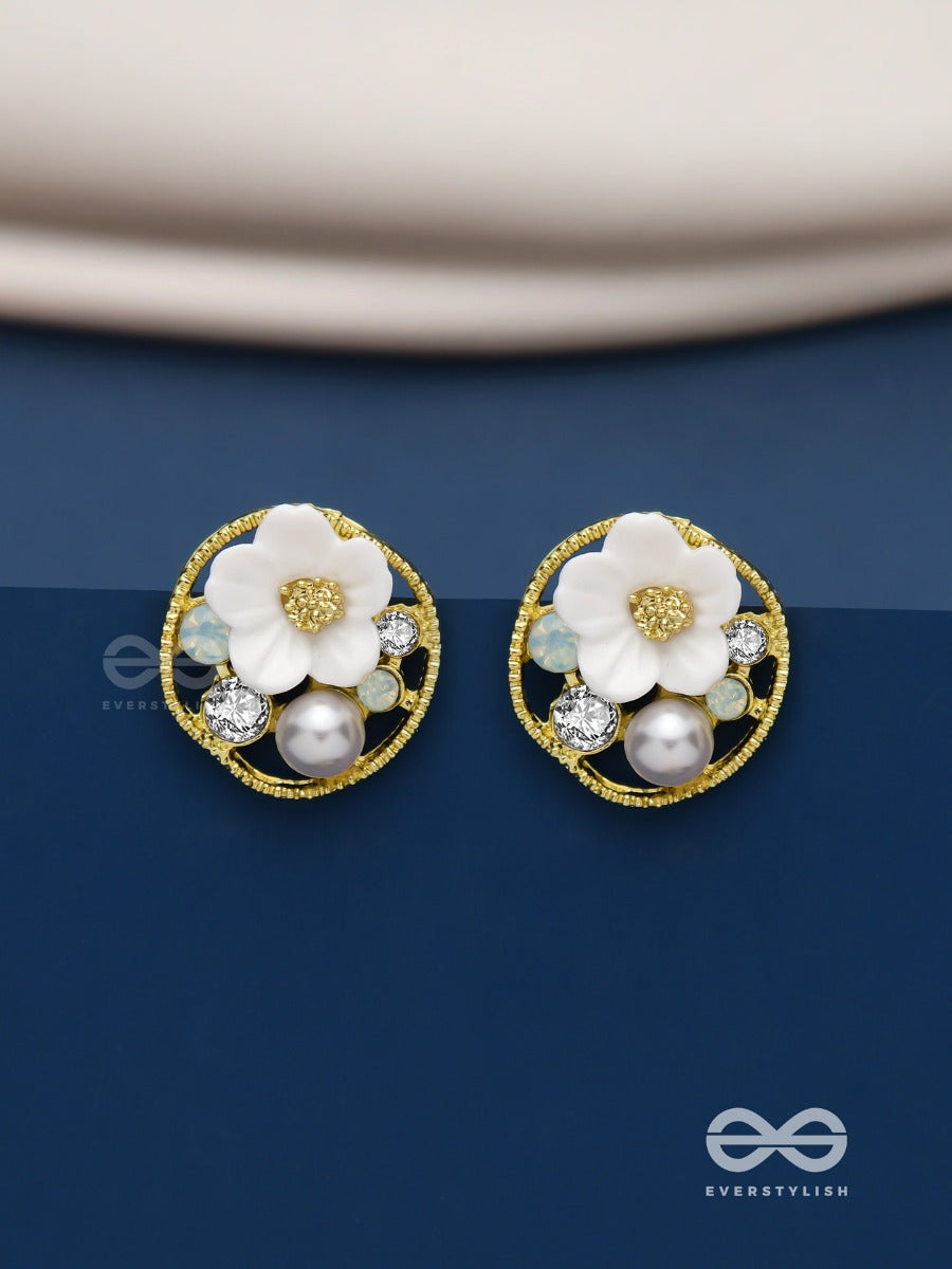 Divine Temptation- White Floral Studs Encircled With Golden Mesh
