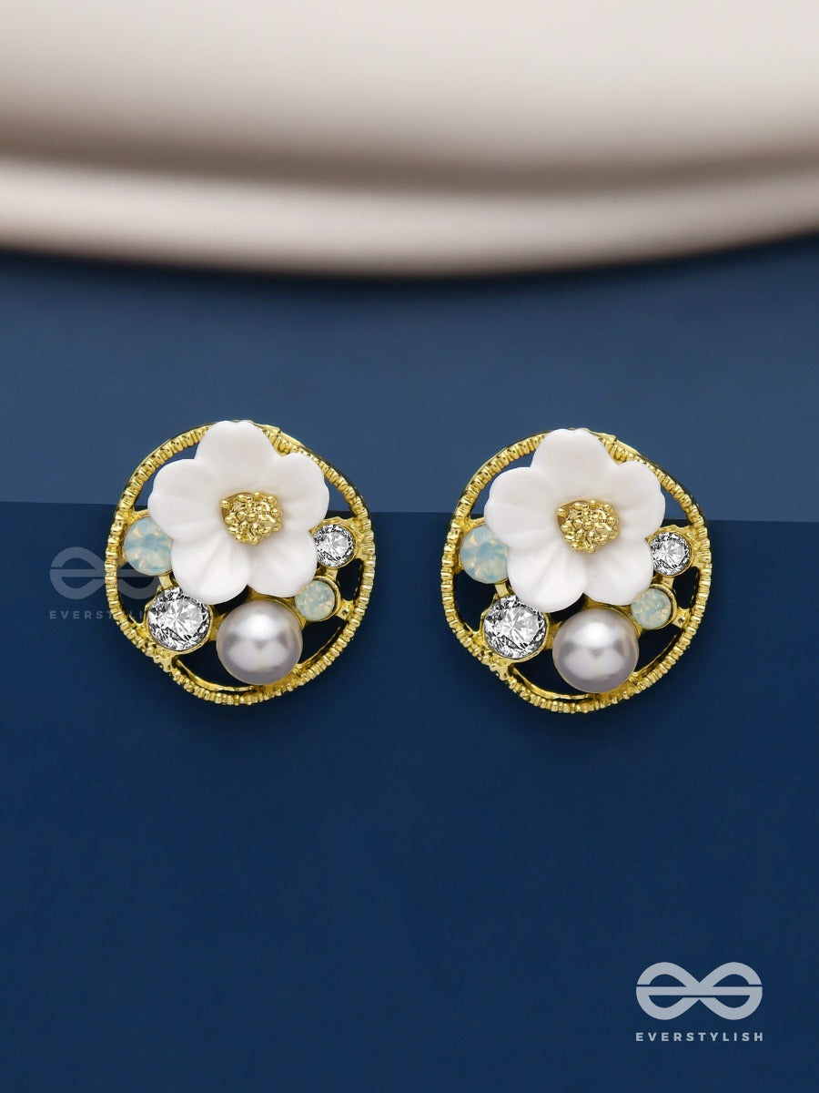 Divine Temptation- White Floral Studs Encircled With Golden Mesh
