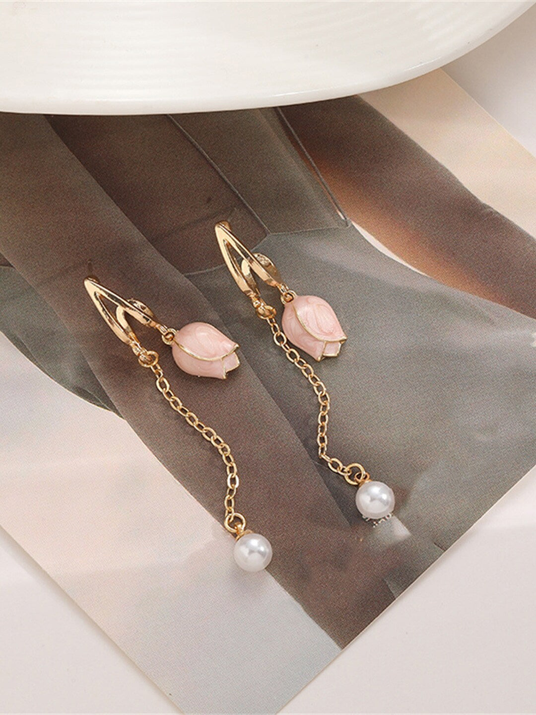 Soft Resilience - Golden Dangling Earrings With Pink Rose