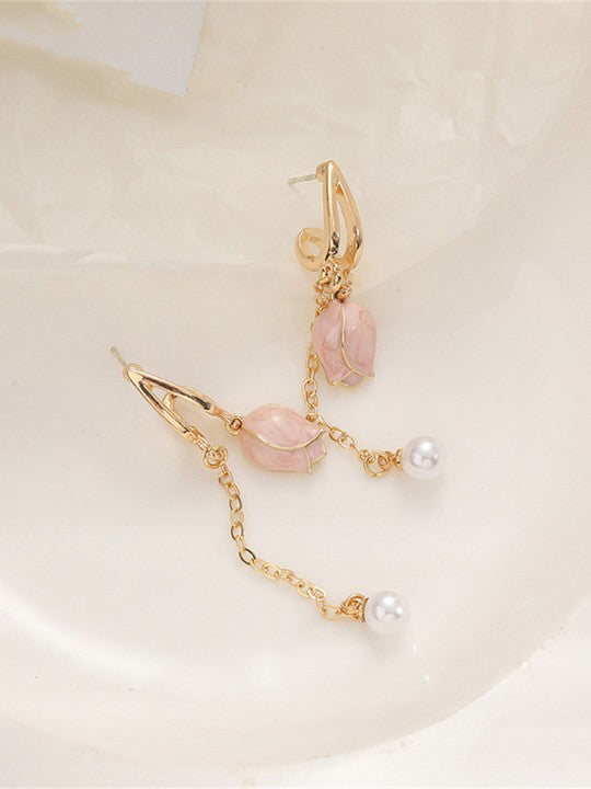 Soft Resilience - Golden Dangling Earrings With Pink Rose