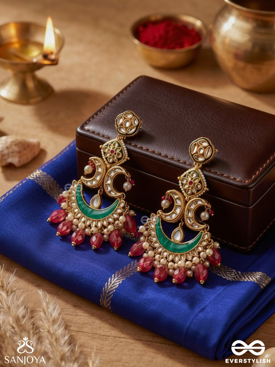Chandrapriya " Beloved Of The Moon" Gold Like Design With A Blend Of Pearls, Kundan, Vibrant Red Drops And Crescent Motifs