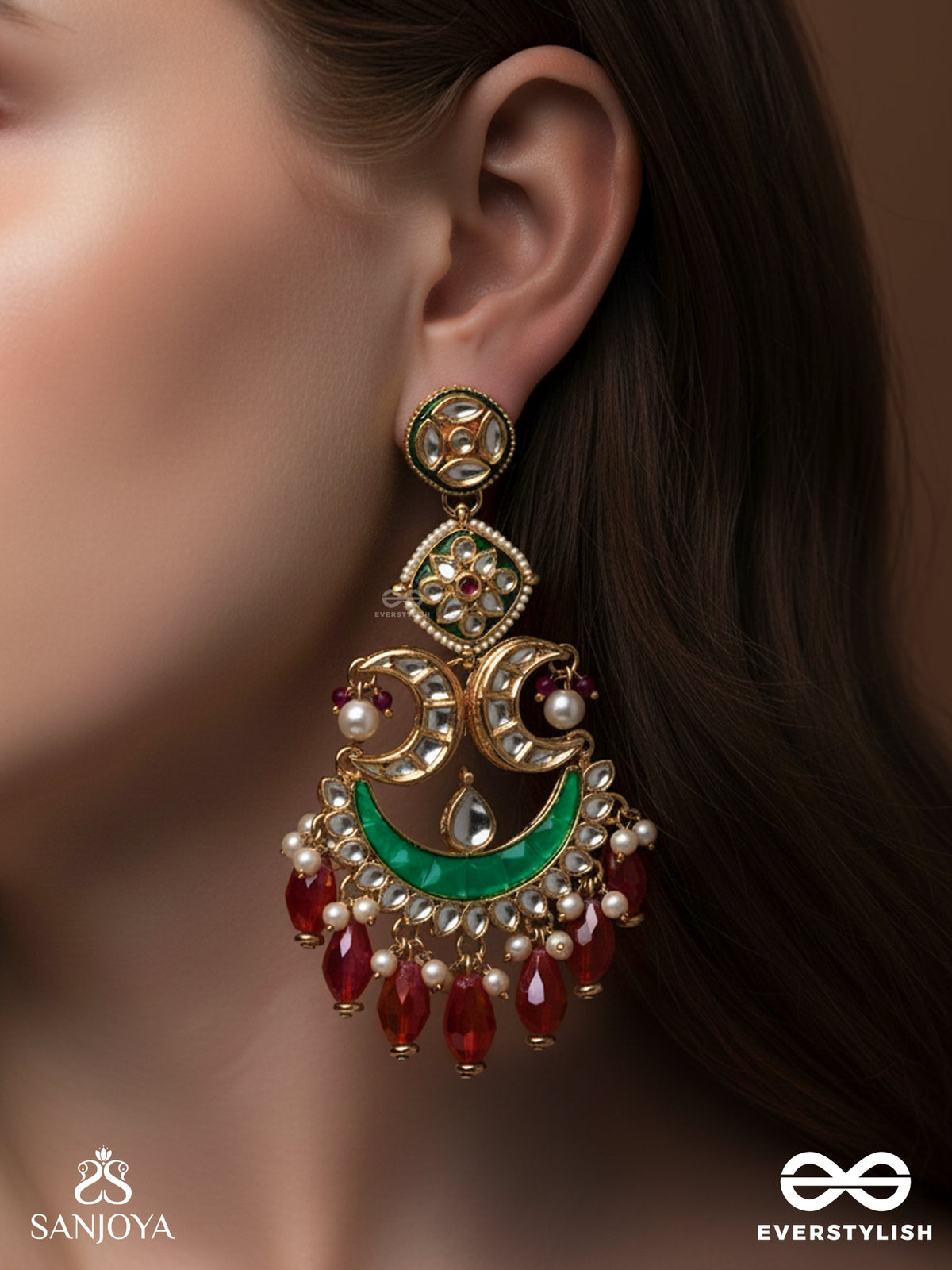 Chandrapriya " Beloved Of The Moon" Gold Like Design With A Blend Of Pearls, Kundan, Vibrant Red Drops And Crescent Motifs