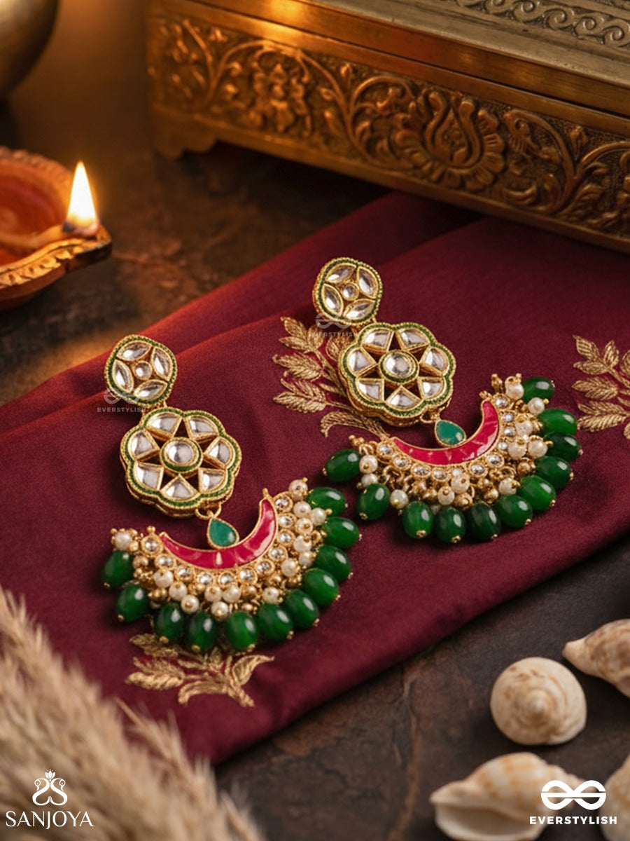 Manidipika " Jewel Lamp" Gold Toned Earring With Glass Stones,Kundan, Pearlbeads, Pink Enamel And Green Tear Drop Beads