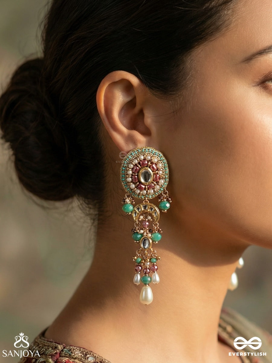 Padmavistara - Lotus Expanse - Ornate Earrings With Floral Motif And Dangling Gem Details
