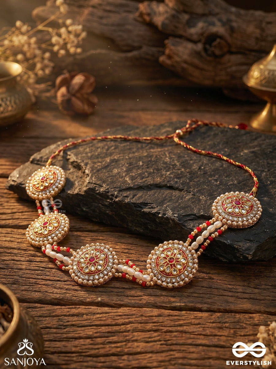 Kusumavali - Row Of Flowers - Golden Circles, Pearls, Red Drops And Kundan Hand Embroidered Mathapatti