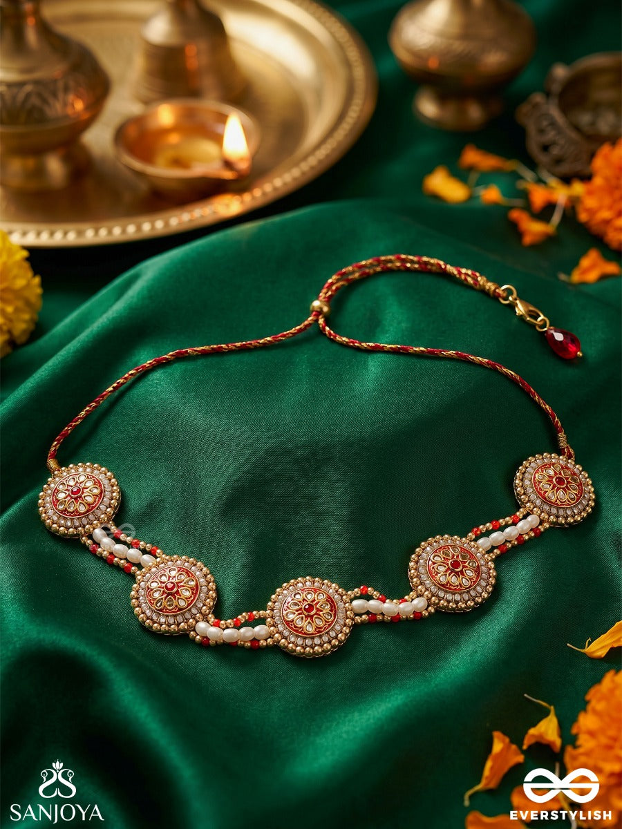 Kusumavali - Row Of Flowers - Golden Circles, Pearls, Red Drops And Kundan Hand Embroidered Mathapatti