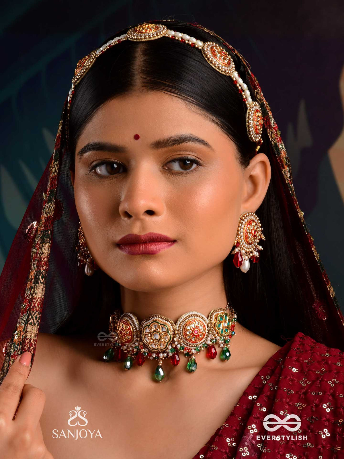 Kusumavali - Row Of Flowers - Golden Circles, Pearls, Red Drops And Kundan Hand Embroidered Mathapatti