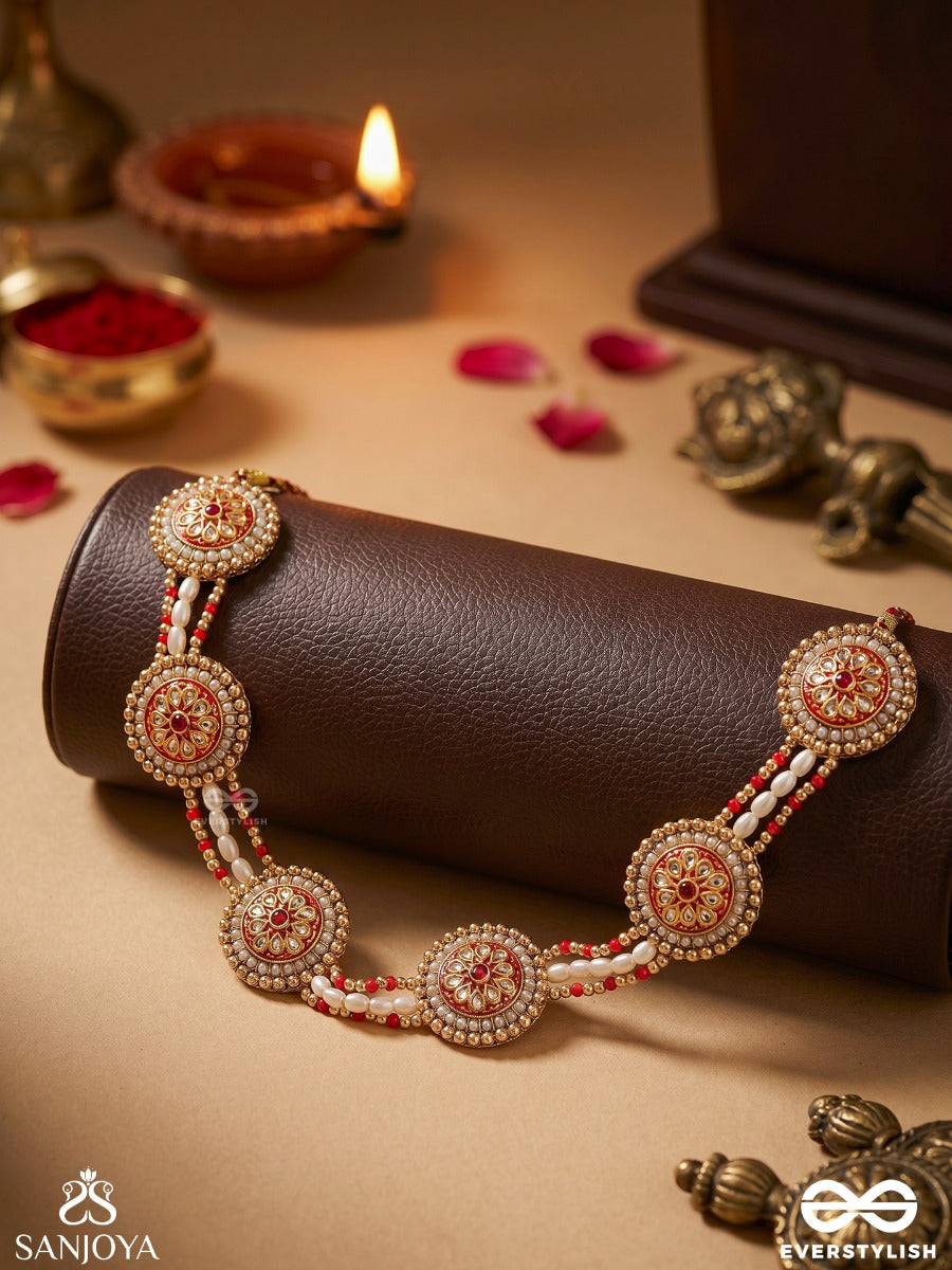 Kusumavali - Row Of Flowers - Golden Circles, Pearls, Red Drops And Kundan Hand Embroidered Mathapatti