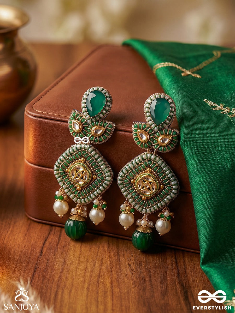 Maniharita - Jewelled Green - Decorative Earrings With Gemmed Structure And Flowing Accents