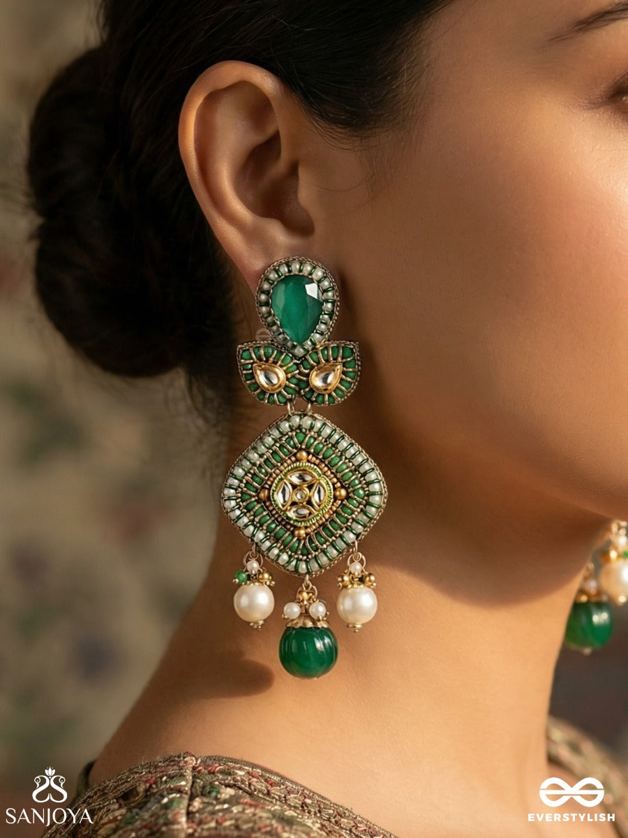Maniharita - Jewelled Green - Decorative Earrings With Gemmed Structure And Flowing Accents