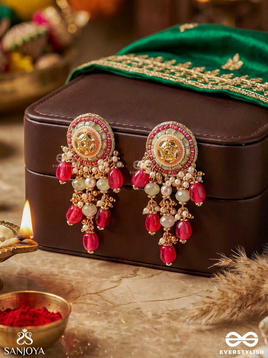 Raktakusuma- Red Flower - Radiant Red Beads And Pearls With Golden Embeliished Earrings