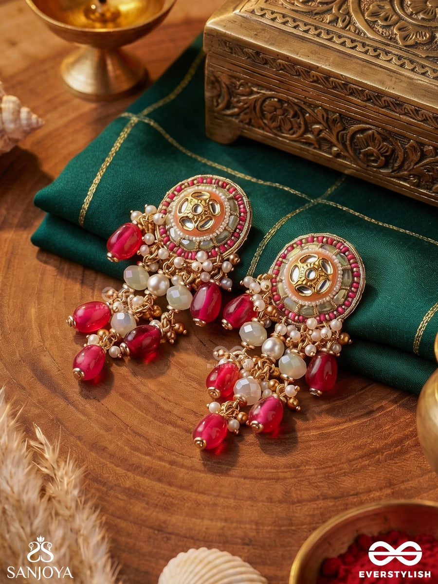 Raktakusuma- Red Flower - Radiant Red Beads And Pearls With Golden Embeliished Earrings