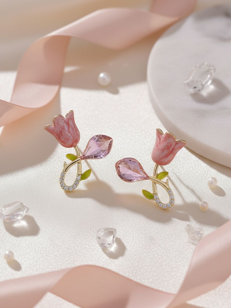 Petal Grace- Pink Floral Charm Earrings