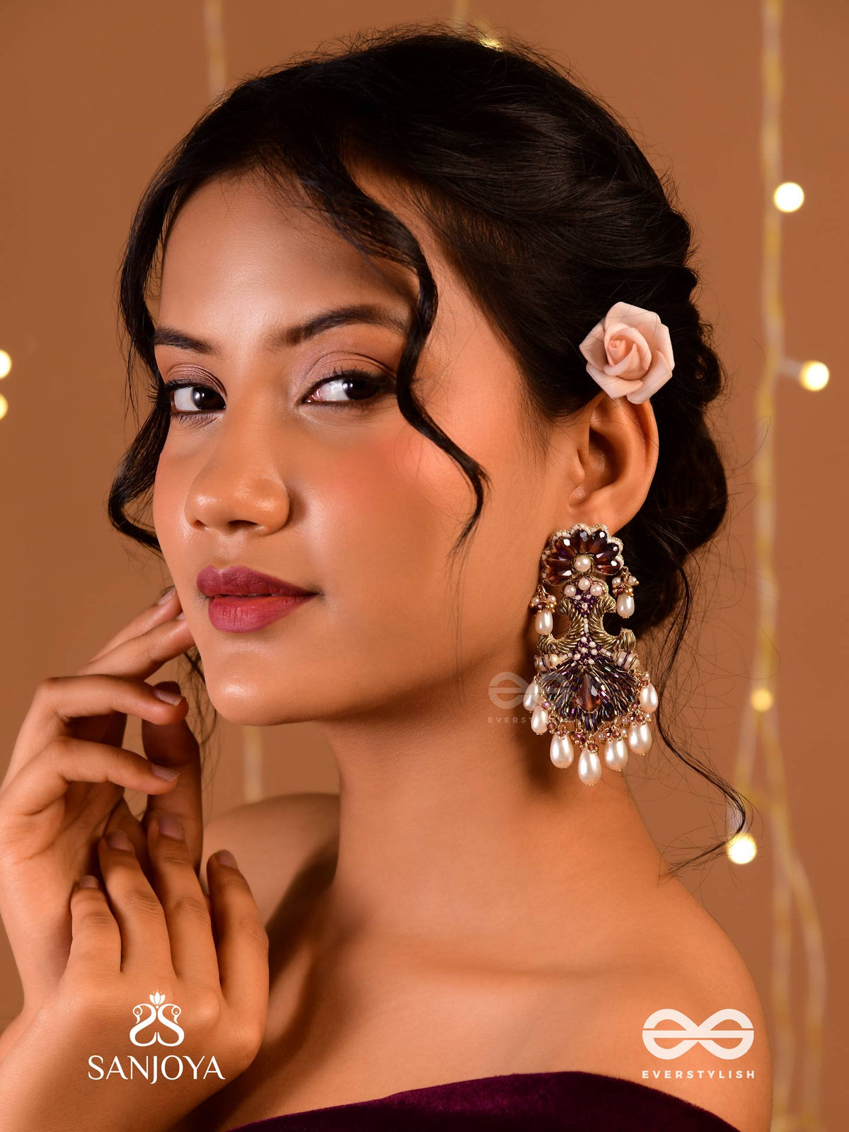 Shyam Pushp- Dark Blossom A Regal Earring With Rich, Dark-Hued Gemstones And Pearl Accents, Resembling A Blooming Flower