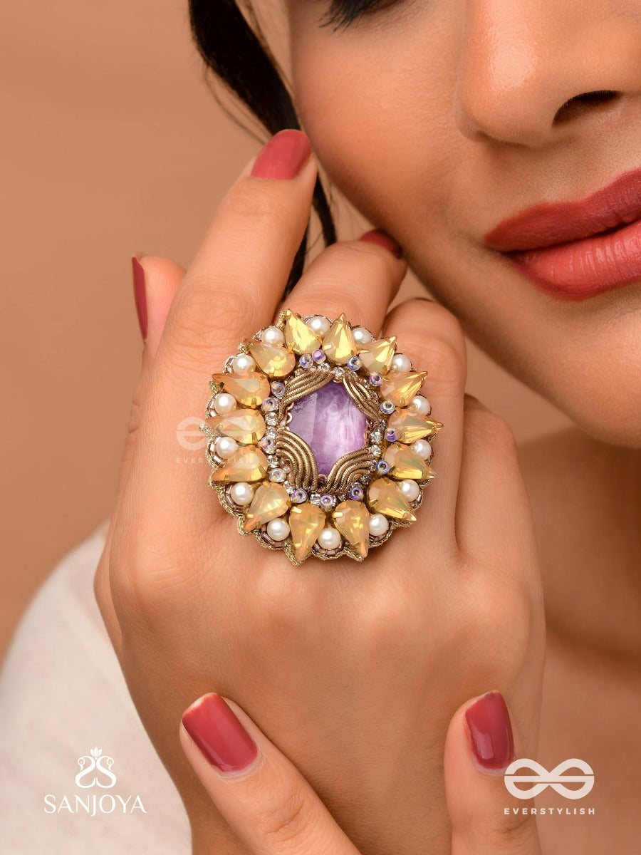 Kanaka Pushpa - Golden Flower Embroidered Flower-Shaped Ring Adorned With Yellow Gems And Pearls, Giving A Golden Glow