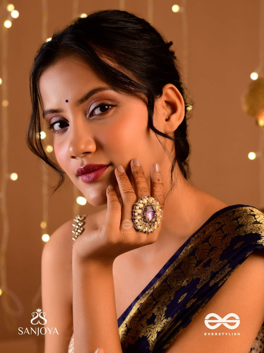 Kanaka Pushpa - Golden Flower Embroidered Flower-Shaped Ring Adorned With Yellow Gems And Pearls, Giving A Golden Glow