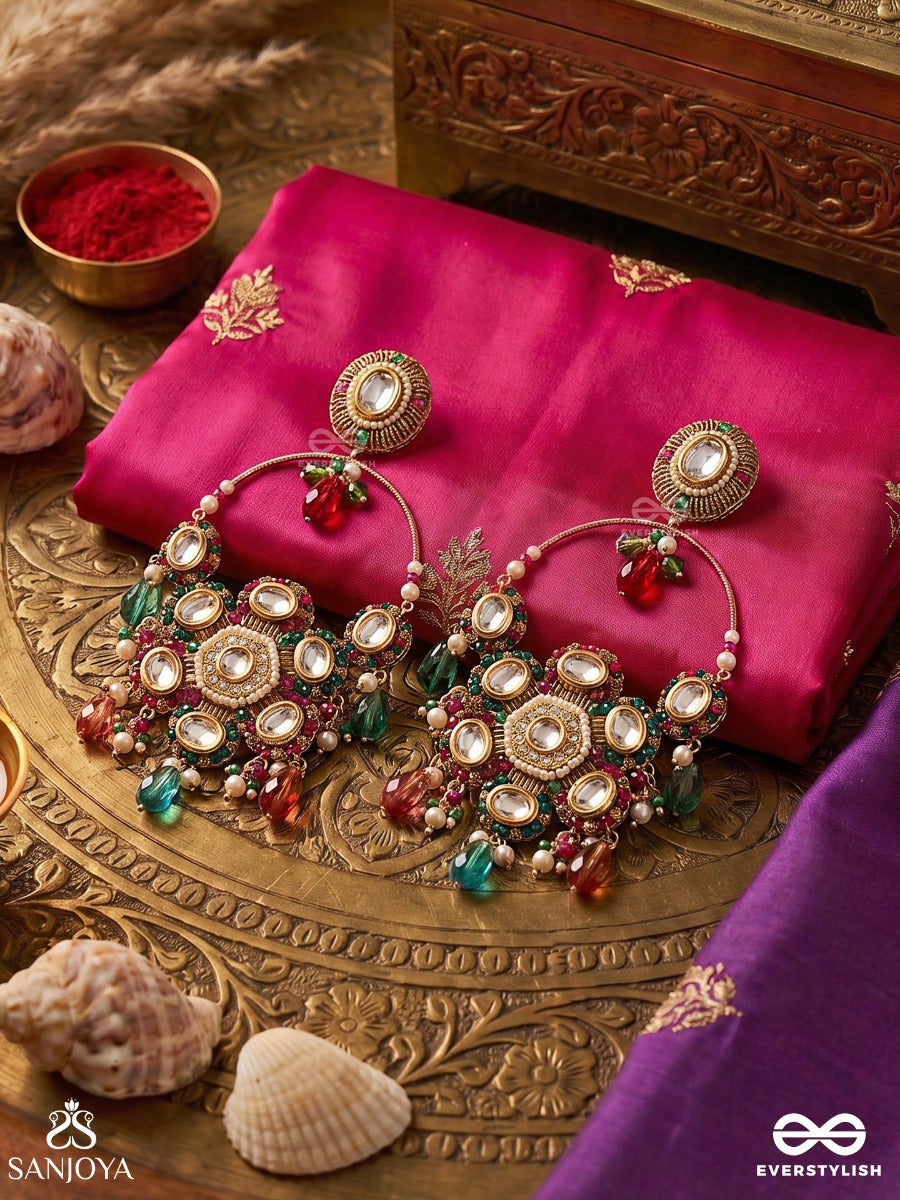 Zanvika - Radiant Form - Statement Earrings With Ornamental Hoop And Multi-Colour Drop Accents