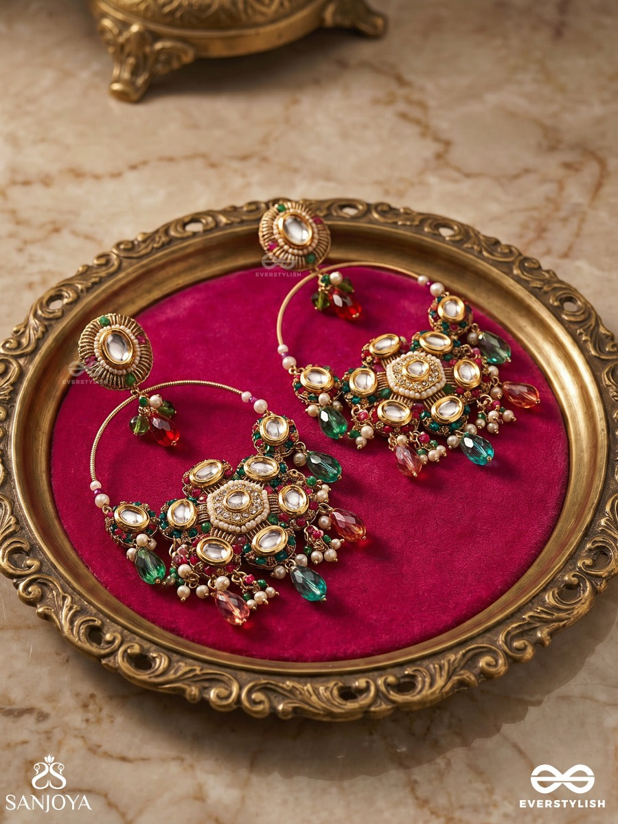 Zanvika - Radiant Form - Statement Earrings With Ornamental Hoop And Multi-Colour Drop Accents